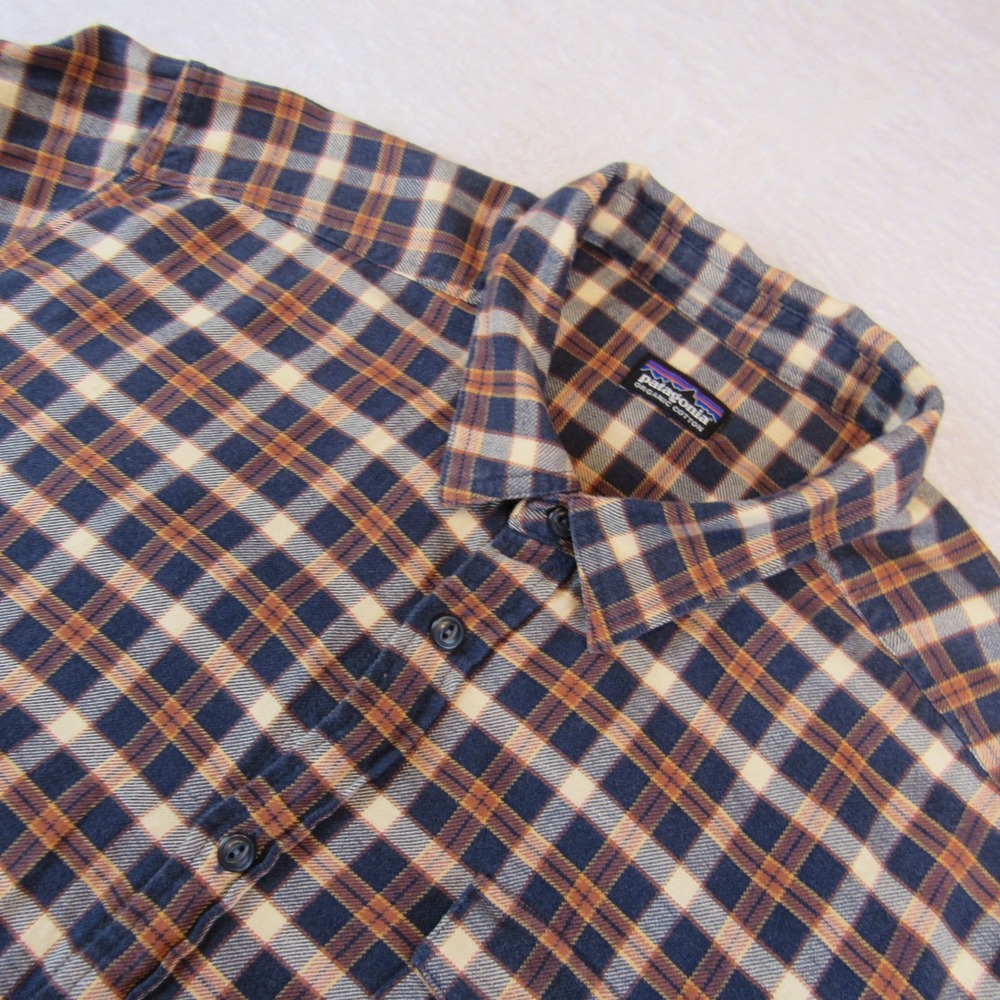 Patagonia Flannel Shirt Mens XL Blue Orange Plaid Excellent Organic Cotton L/S